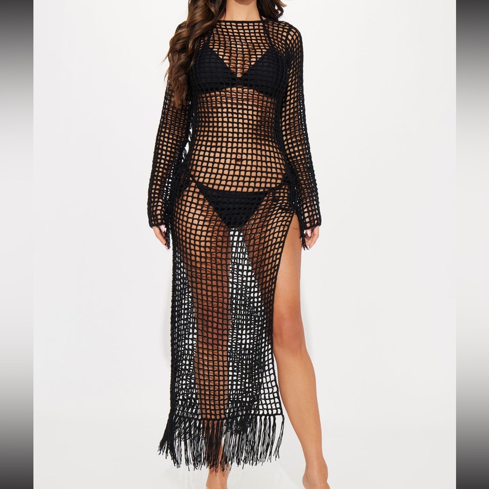 Fashion Nova Whisk Me Away Fringe Coverup Dress - Black